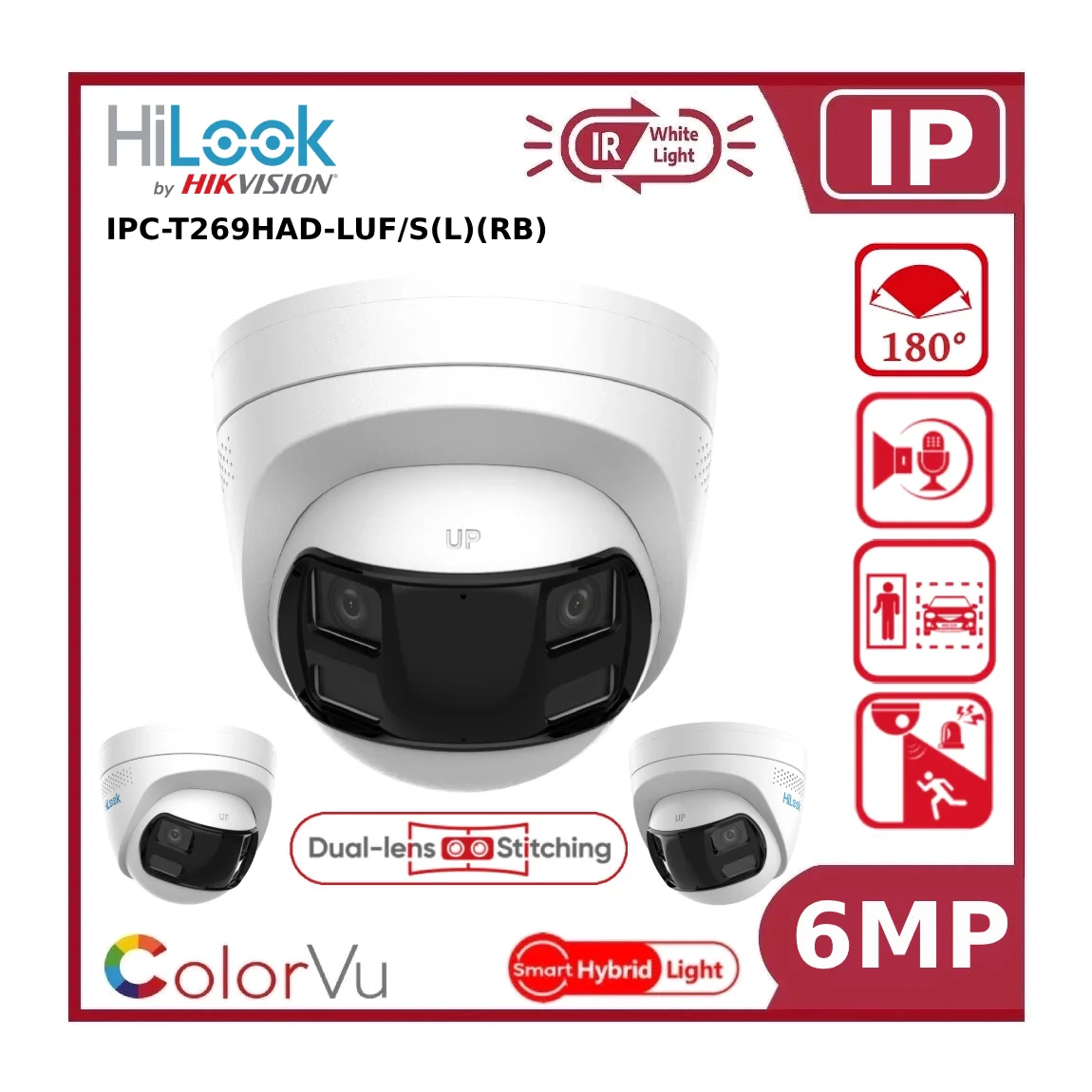 6MP HiLook by Hikvision IPC-T269HAD-LUF/S(L) Dual Lens 180° Smart Hybrid ColorVu + IR Fixed Turret IP Camera with LiveGuard and 2 Way Audio - Image 3