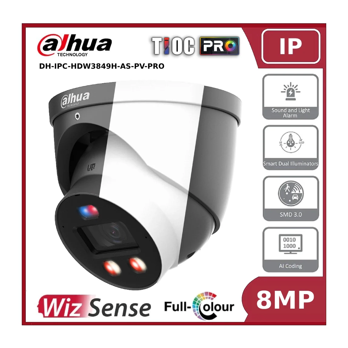 Dahua IPC-HDW3849HP-AS-PV-PRO 8MP WizSense TiOC PRO Full Colour Fixed Eyeball IP Camera with Active Deterrence + 2 Way Talk - Image 6