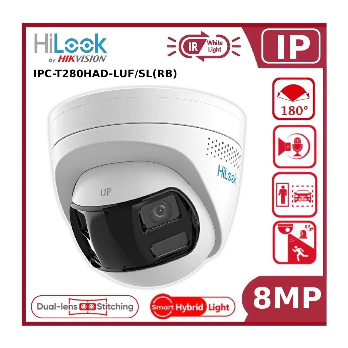 8MP HiLook by Hikvision IPC-T280HAD-LUF/SL Dual Lens 180° Smart Hybrid Light LED + IR Fixed Turret IP Camera with LiveGuard and 2 Way Audio - Image 3