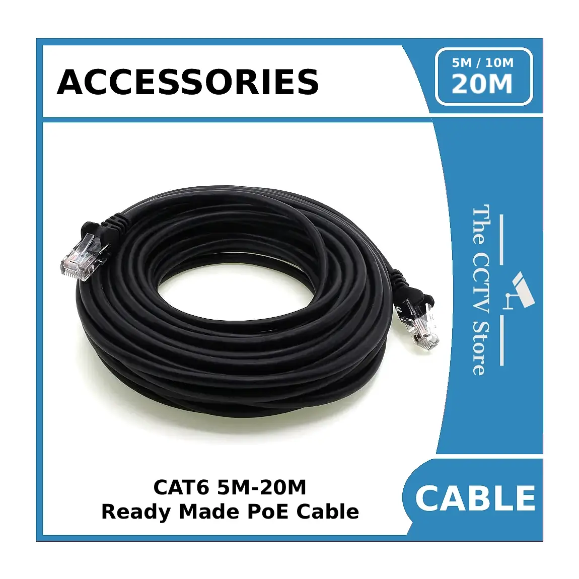 CAT6 Ready Made Network Cable / PoE Patch Lead - Outdoor - Black - Copper 5m - 20m