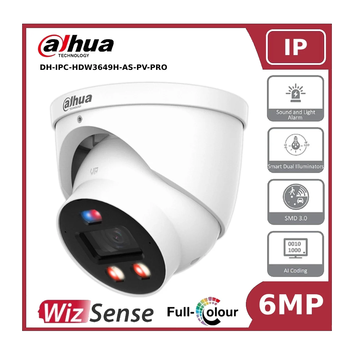 Dahua IPC-HDW3649HP-AS-PV-PRO 6MP TiOC PRO Fixed IP Turret Camera with Smart Dual Illuminator, Active Deterrence and Built in Mic - Image 3