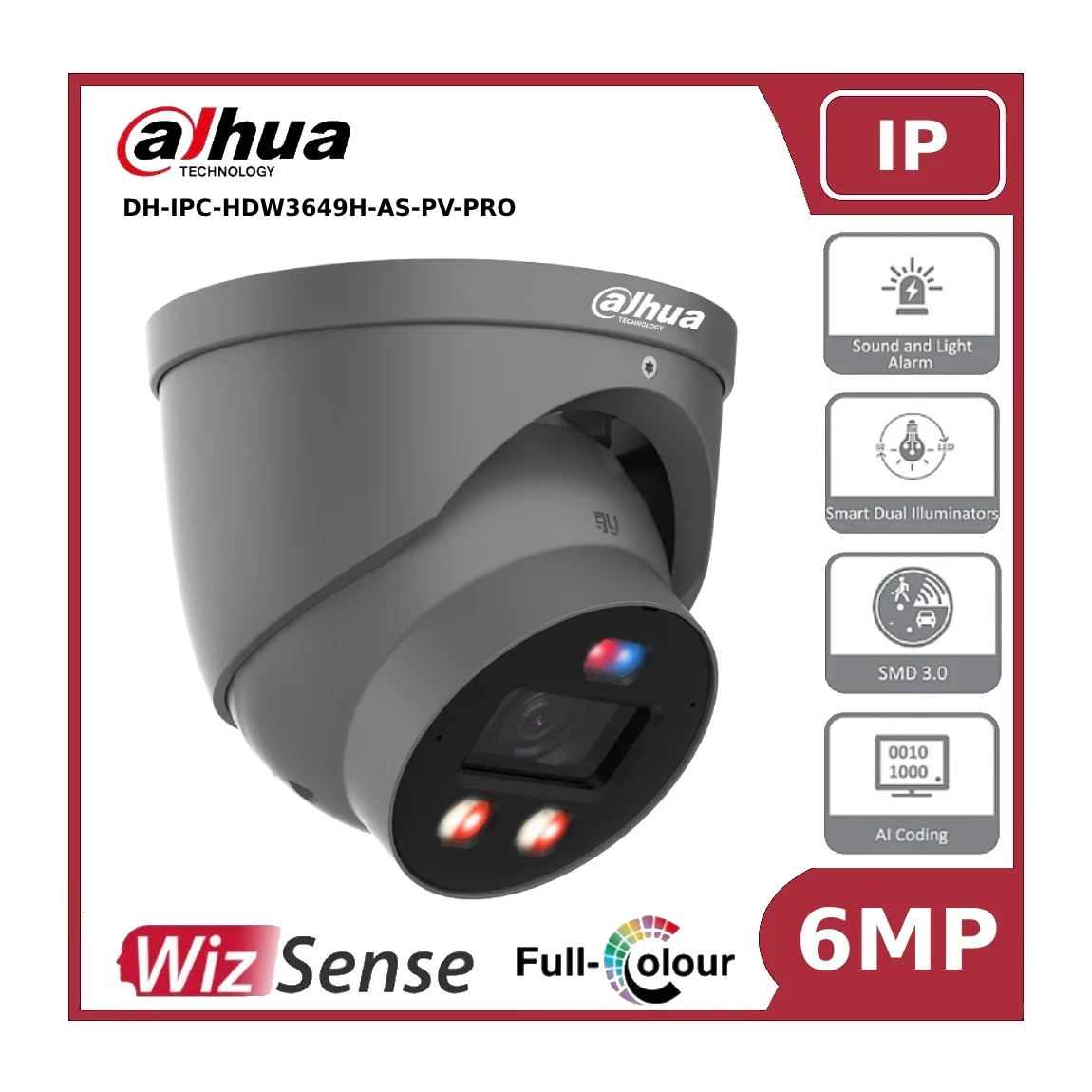 Dahua IPC-HDW3649HP-AS-PV-PRO 6MP TiOC PRO Fixed IP Turret Camera with Smart Dual Illuminator, Active Deterrence and Built in Mic - Image 5