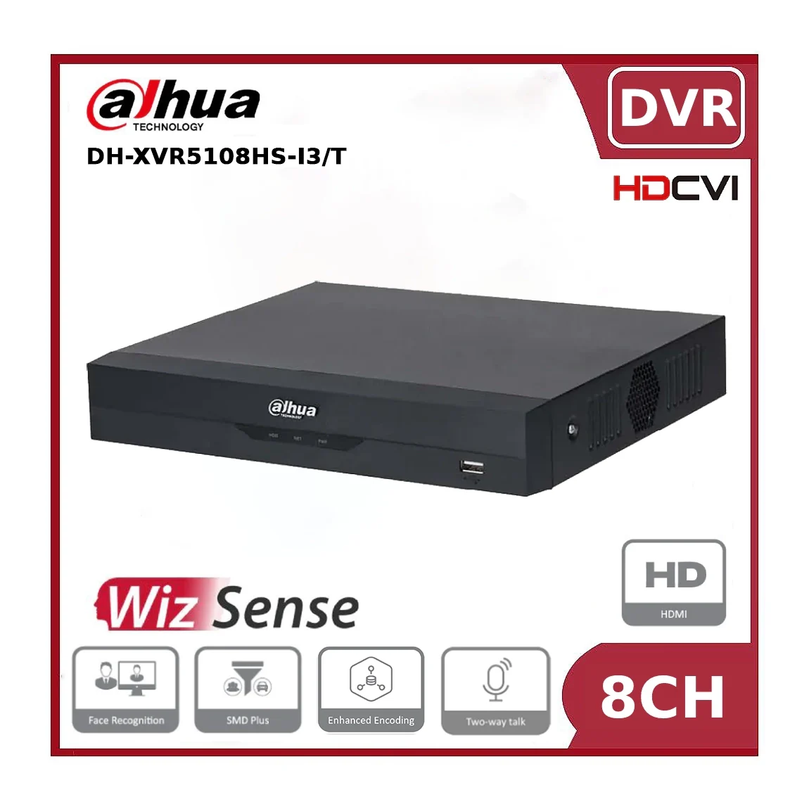 Dahua XVR5108HS-I3/T 8 Channel Penta-brid 5MP WizSense Compact 1U Digital Video Recorder with AI Functions and Two-Way Audio