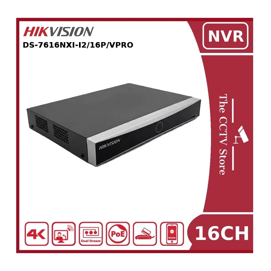 Hikvision DS-7616NXI-I2/16P/VPro 16 Channel AcuSeek AcuSearch PoE NVR, 2 HDD Bays, 4K HDMI, Facial Recognition, ANPR
