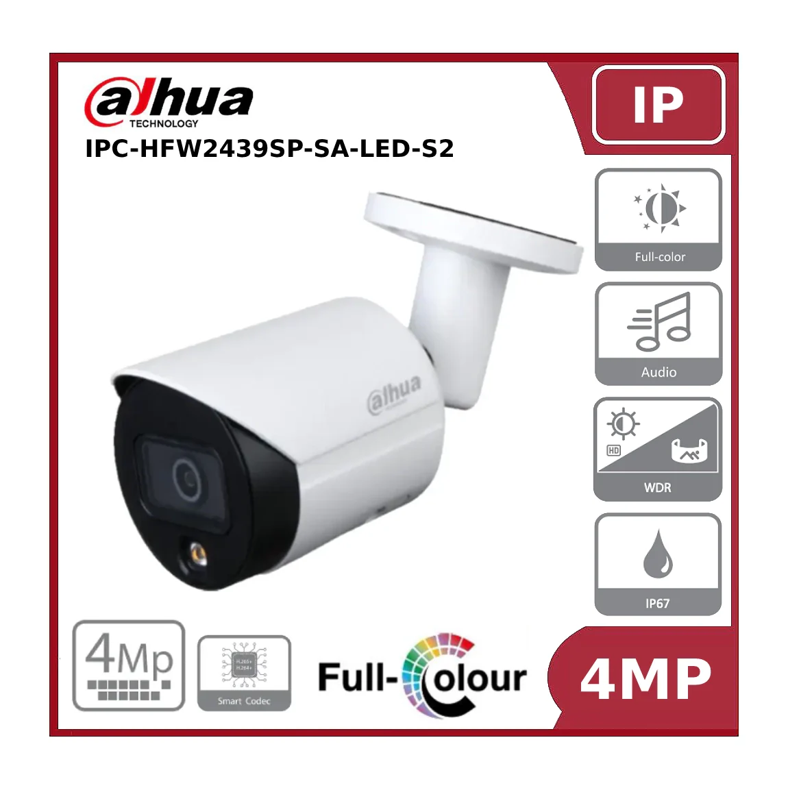 Dahua DH-IPC-HFW2439SP-SA-LED-S2 4MP Lite Full-Colour Fixed-focal Bullet Network Camera"NR" "EOL"
