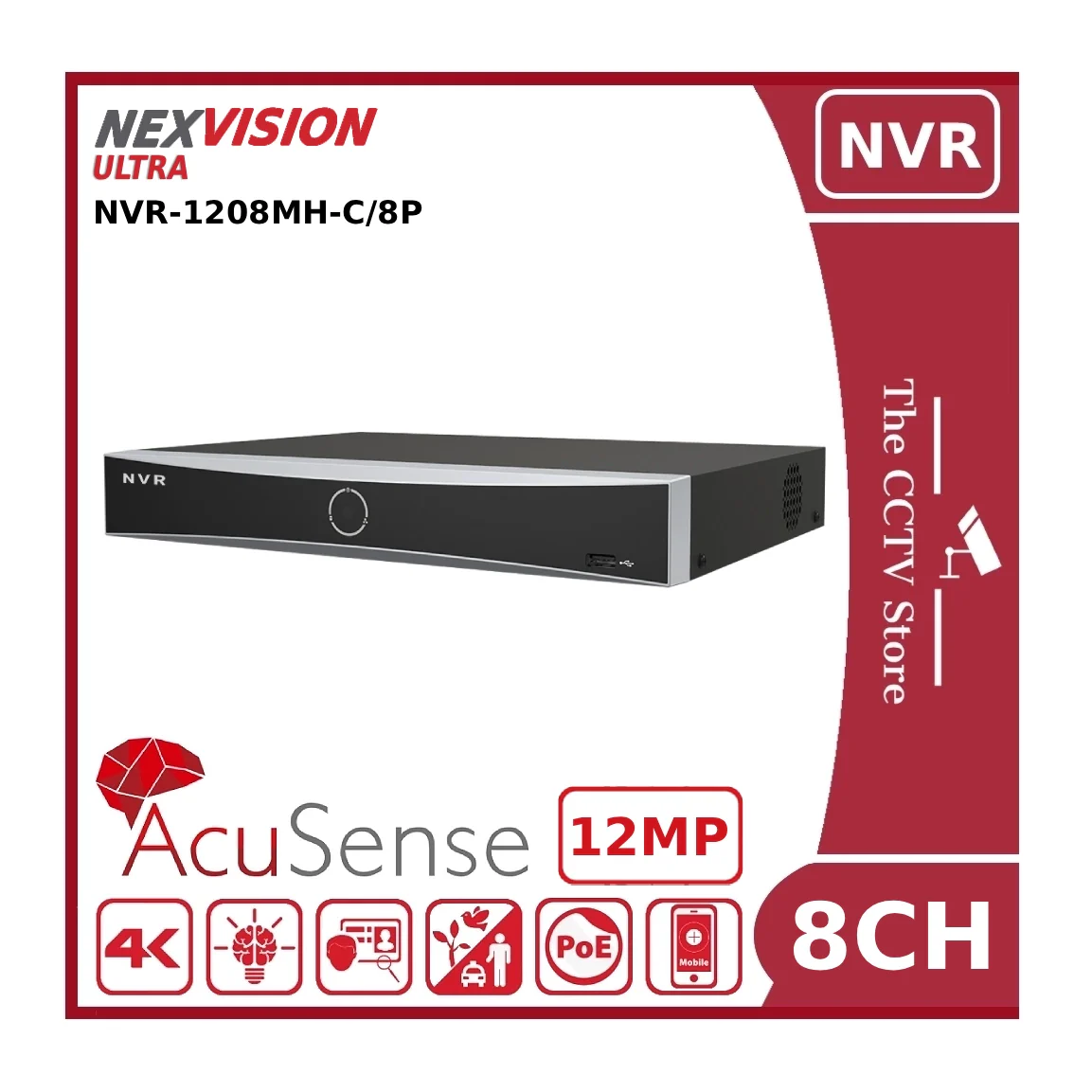 Nexvision 8CH NVR-1208MH-C/8P 12MP 8 Channel AcuSense PoE NVR with 3CH 12MP or 5CH 8MP Support