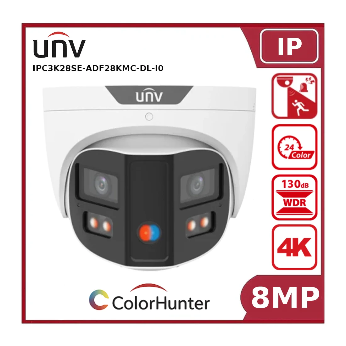 Uniview UV-IPC3K28SE-ADF28KMC-DL-I0 8MP Turret ColorHunter Camera, 2.8mm, Omniview, Two-Way Audio